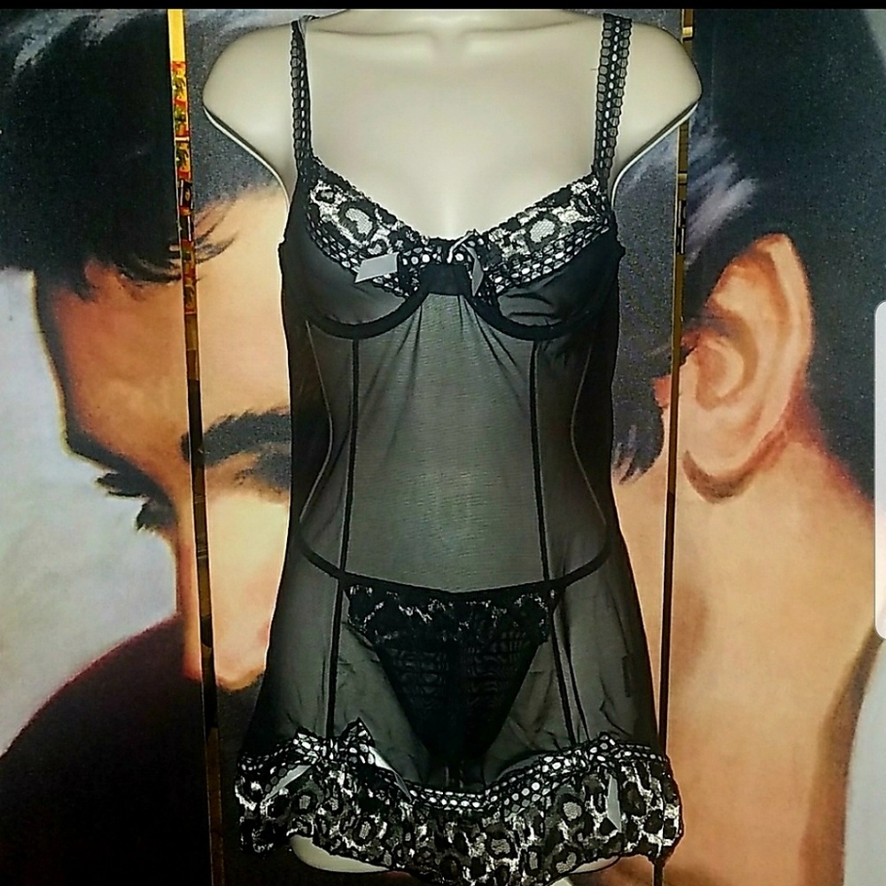 VooDoo Vixen Black Babydoll w Silver Leopard Underwire Bra & Crotchless Thong